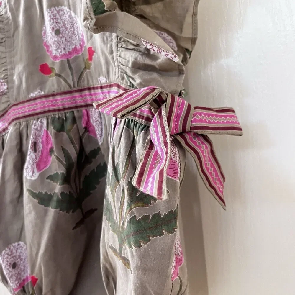 Pink Chicken Olive Green Floral Romper Side Bows Cotton Girls Size 6-12 Months